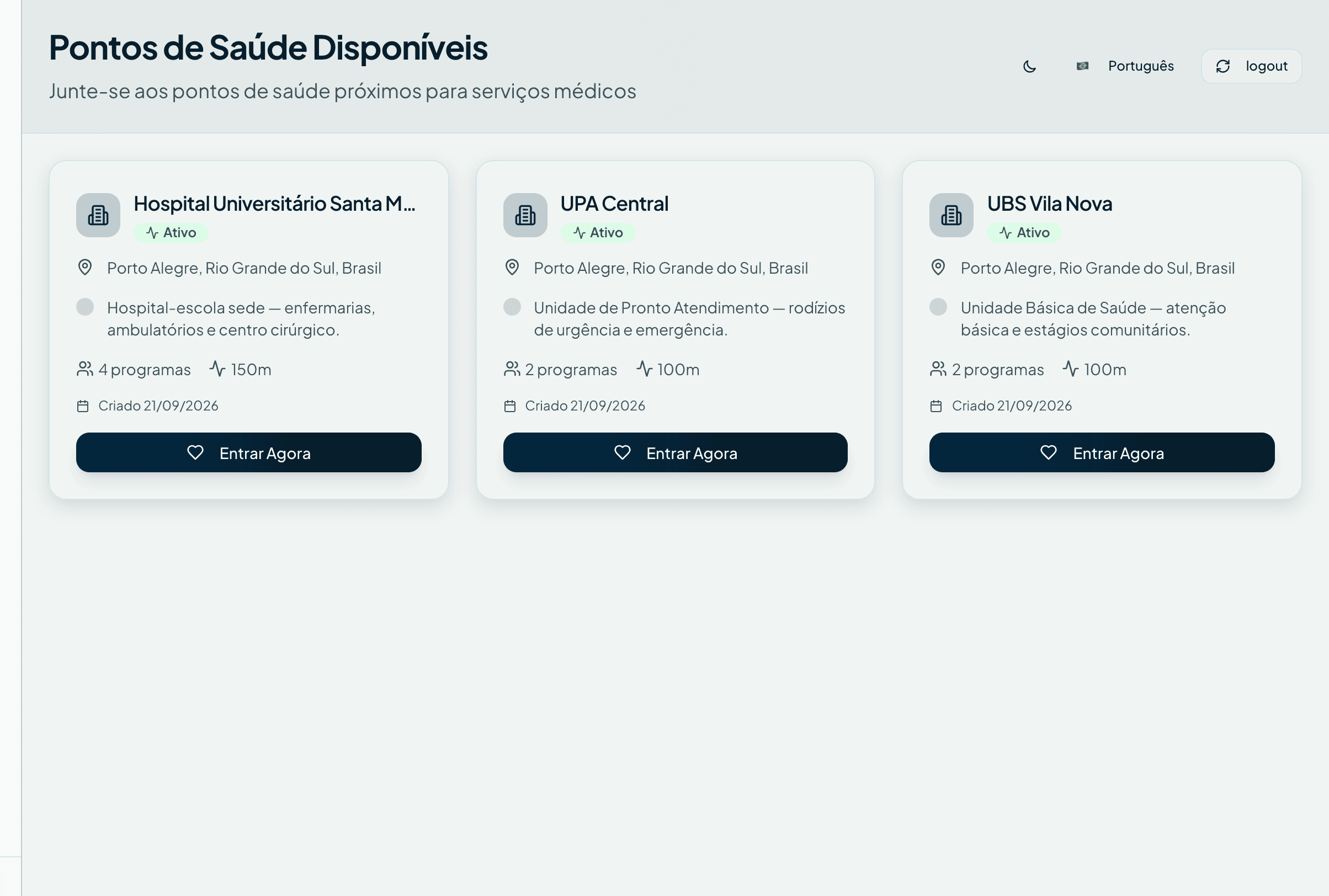 Pontos de saúde em que o estudante pode registrar presença