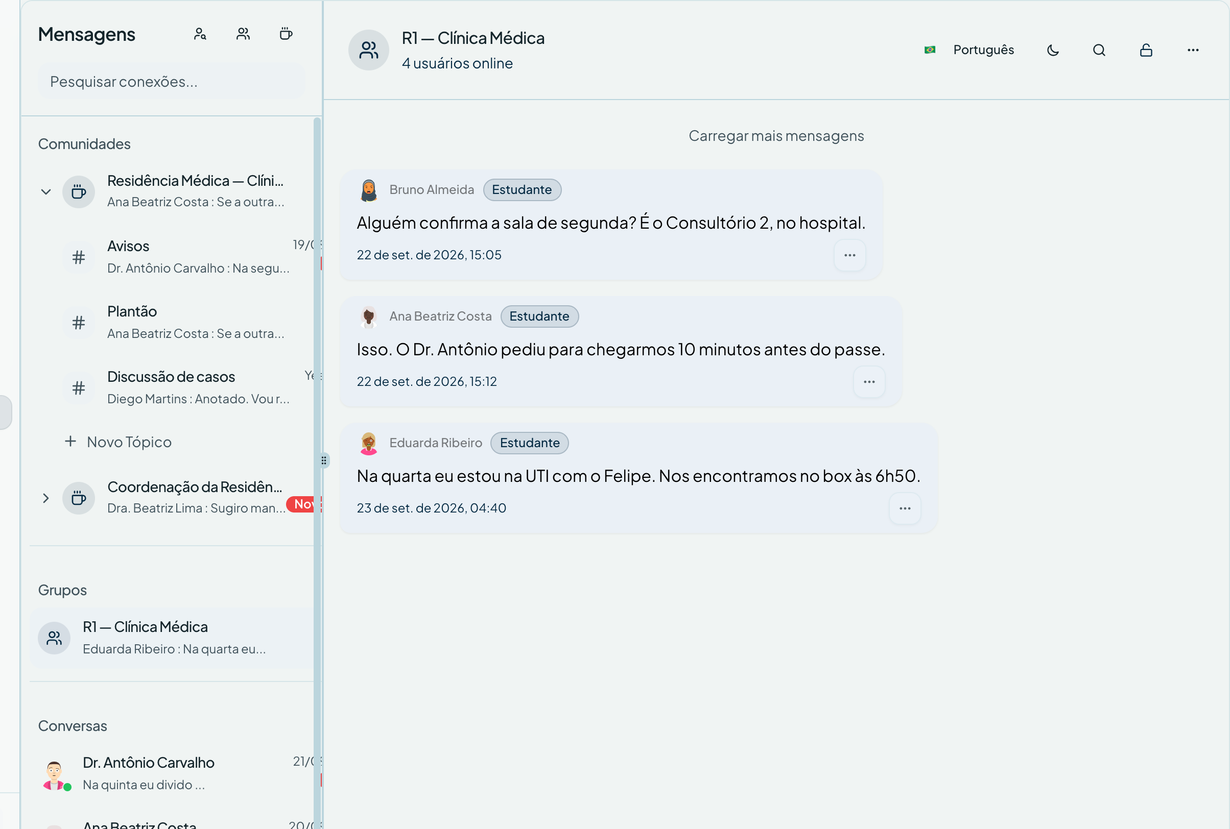 O grupo da turma — Mensagens no sistema de gestão ResiGo
