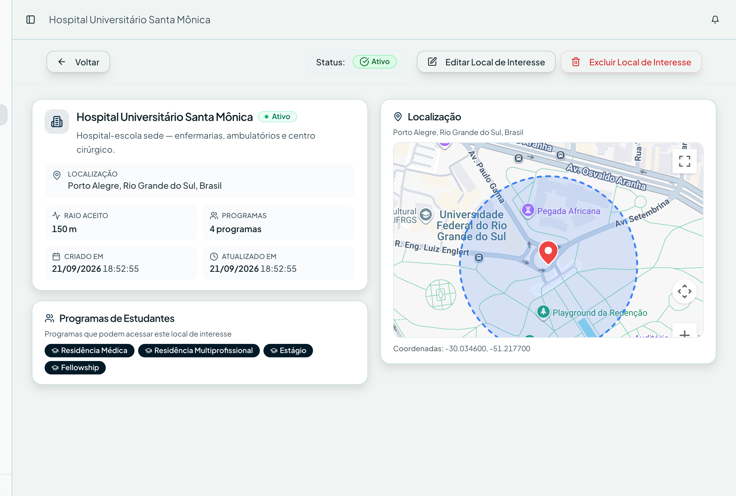 Detalhe, programas e cerca virtual — Pontos de saúde no sistema de gestão ResiGo